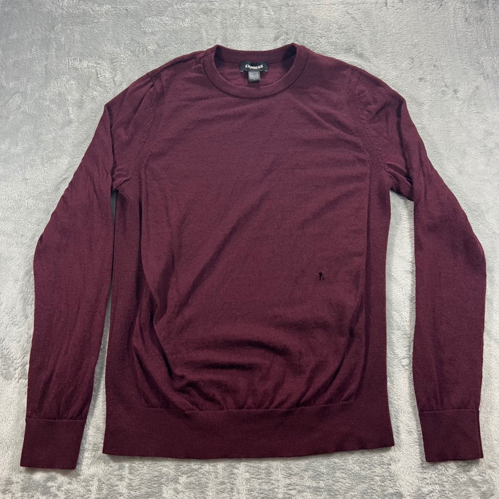 EXPRESS Crewneck Sweater Mens Medium Burgundy Maroon 100 Merino Wool .5" Hole - Picture 2 of 16